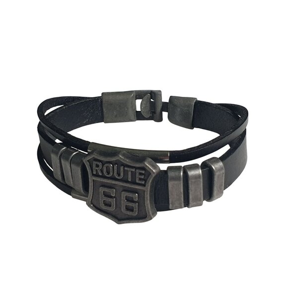 Route 66 Leather Bracelet Black Mens Jewelry Vintage Style Clasp Latch Biker - Picture 1 of 7